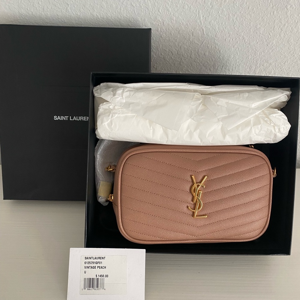 Saint Laurent Lou Mini YSL Grain de Poudre Camera Crossbody Bag Vintage Peach